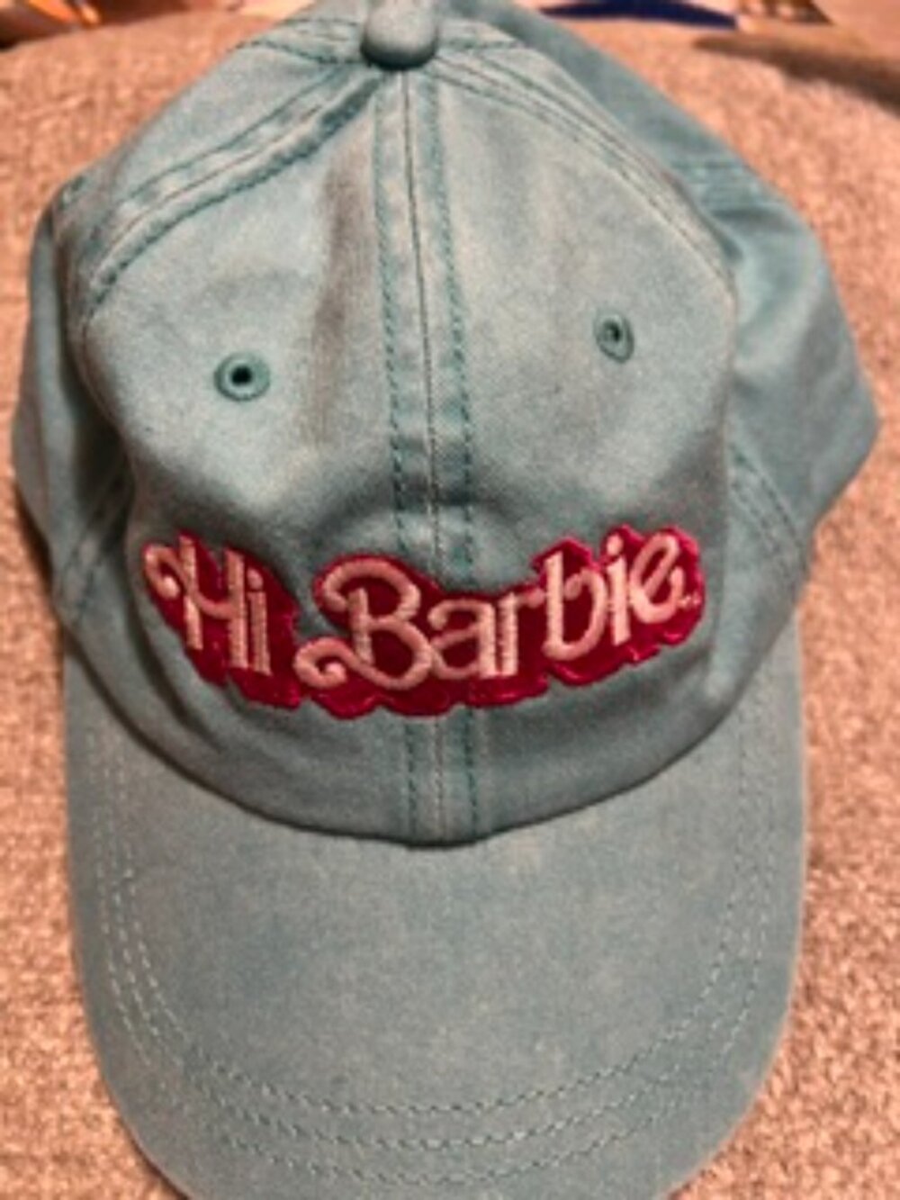 New Distressed Collectible Turquoise Cotton Hi Barbie Embroidered Baseball Cap
